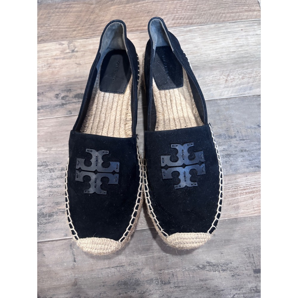 Tory Burch Black Suede Logo Espadrilles with Jute Trim